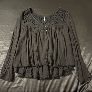 Free people black longsleeve babydoll top with tie and buttons